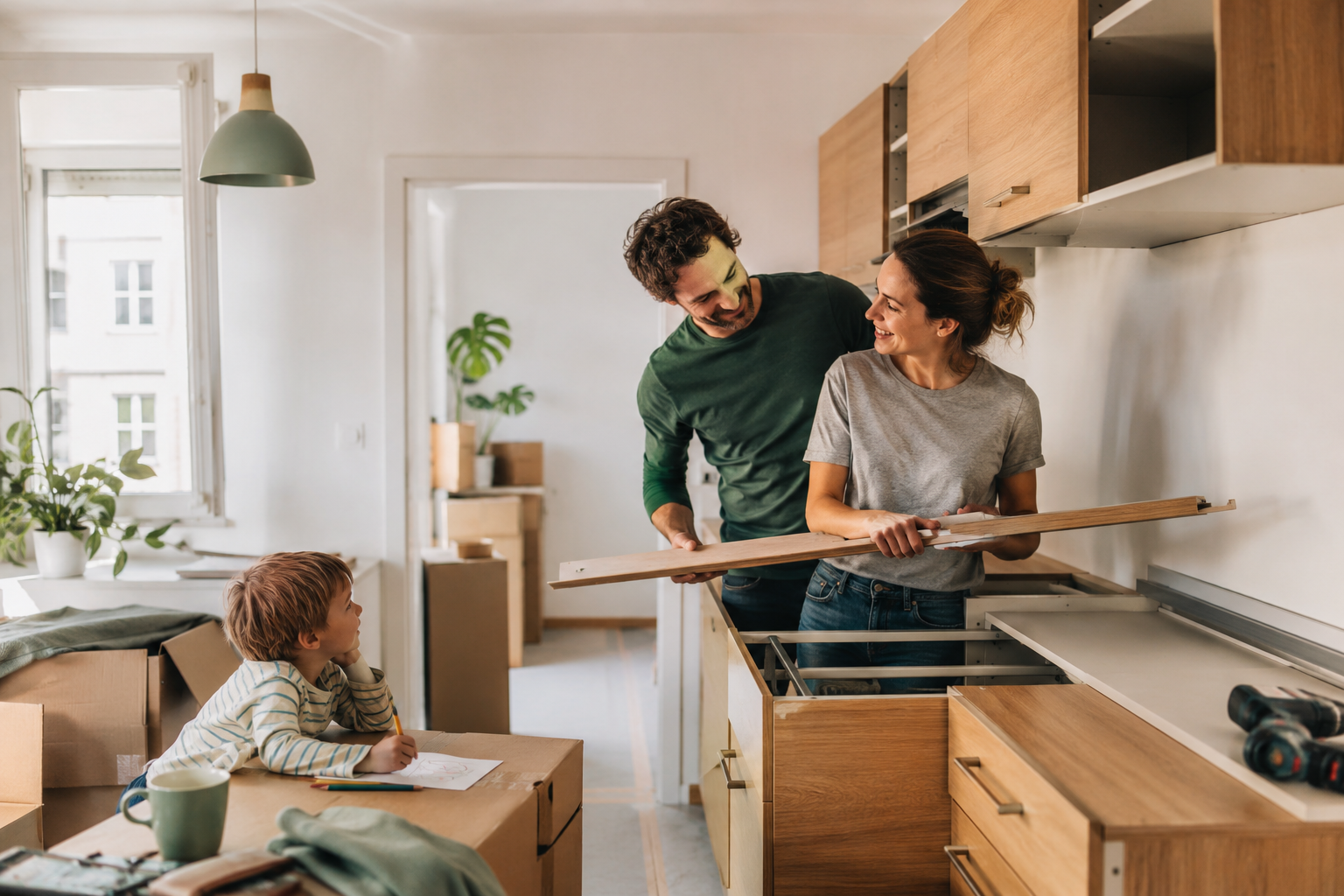 Familie bei der gemeinsamen Renovierung ihrer Küche